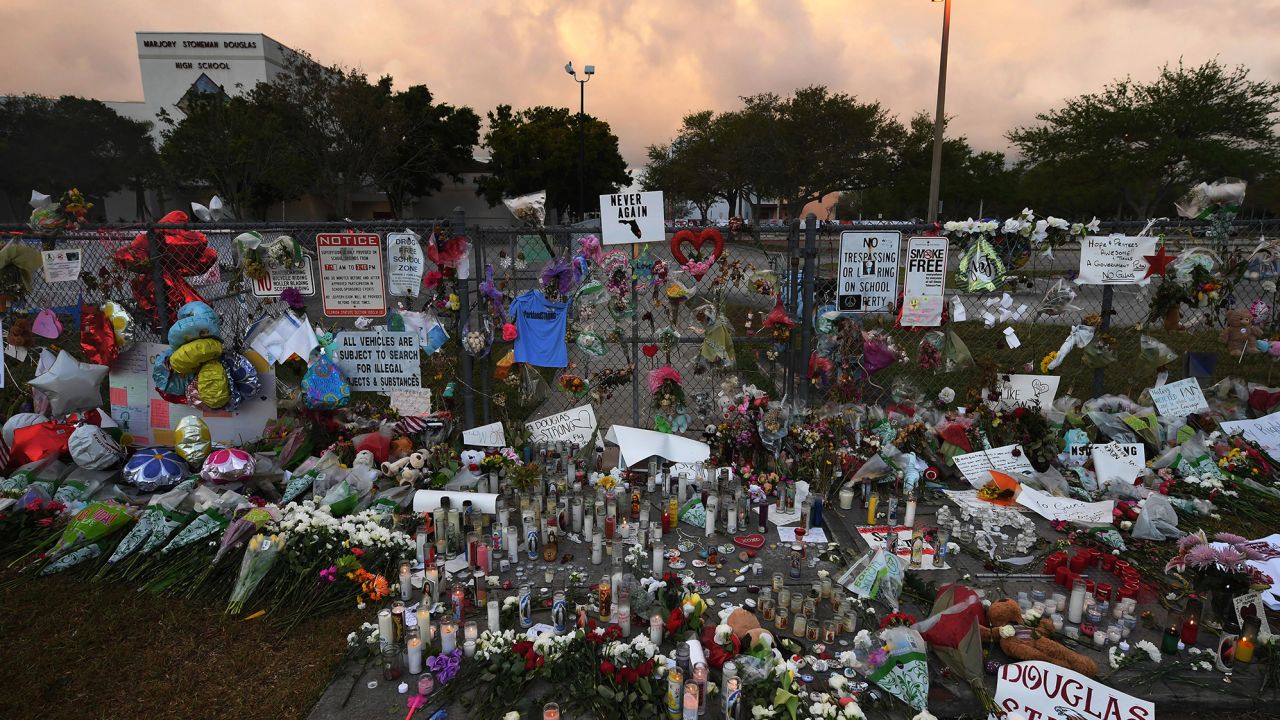 A makeshift memorial is seen outside Marjory Stoneman Douglas High School on Monday, February 26, 2018, in Parkland, Florida.
