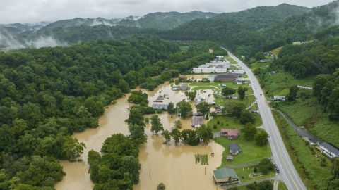 Home and structures are flooded near Quicksand, Kentucky, on Thursday.