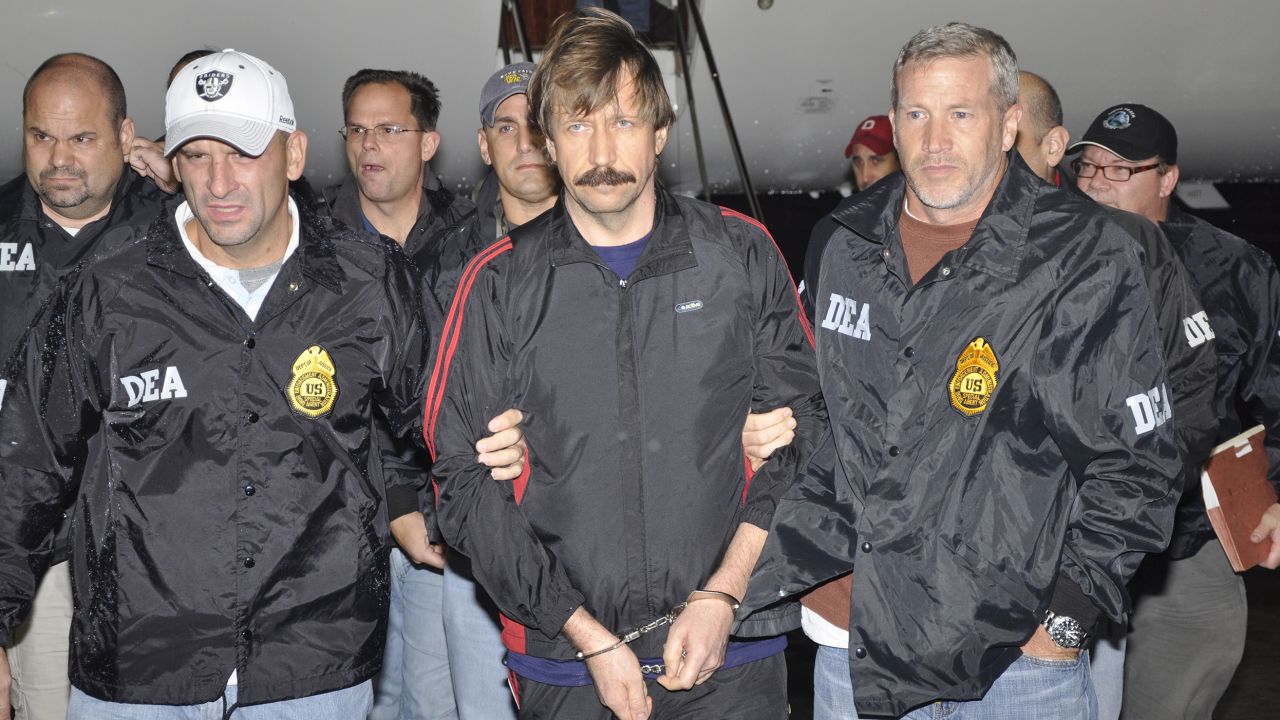 Former Soviet military officer and arms trafficking suspect Viktor Bout deplanes after arriving at Westchester County Airport on November 16, 2010 in White Plains, New York.