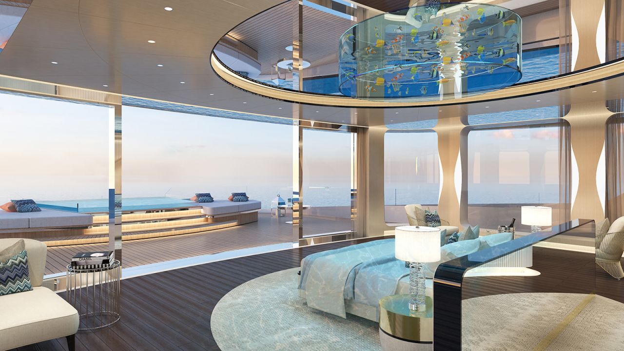 <strong>Owner's cabin: </strong>The highlight of the owner's suite, which occupies much of the bridge deck, is undoubtedly the aquarium that's installed in the ceiling over the bed.