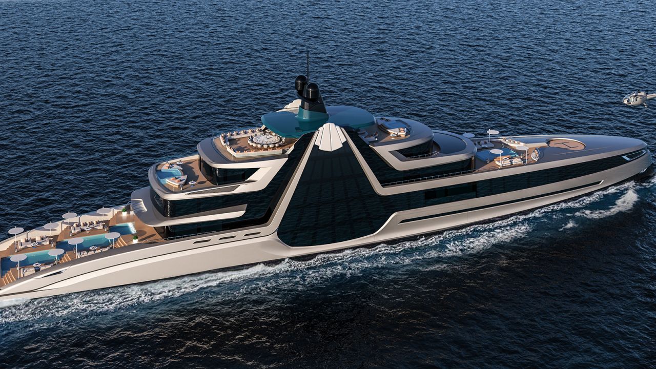 <strong>Sleek exterior: </strong>The superyacht has sharp lines that resemble a diamond shape, as well as a "spectacular side window glass design that connects all decks."