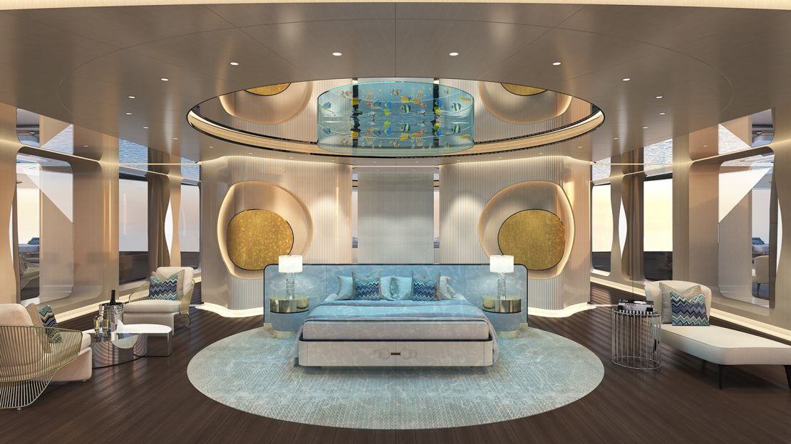 The owner's cabin has an aquarium built into the ceiling over the bed.