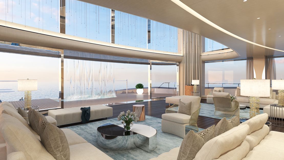 The vessel features a main saloon with panoramic windows that display "rain effect" lighting at night.