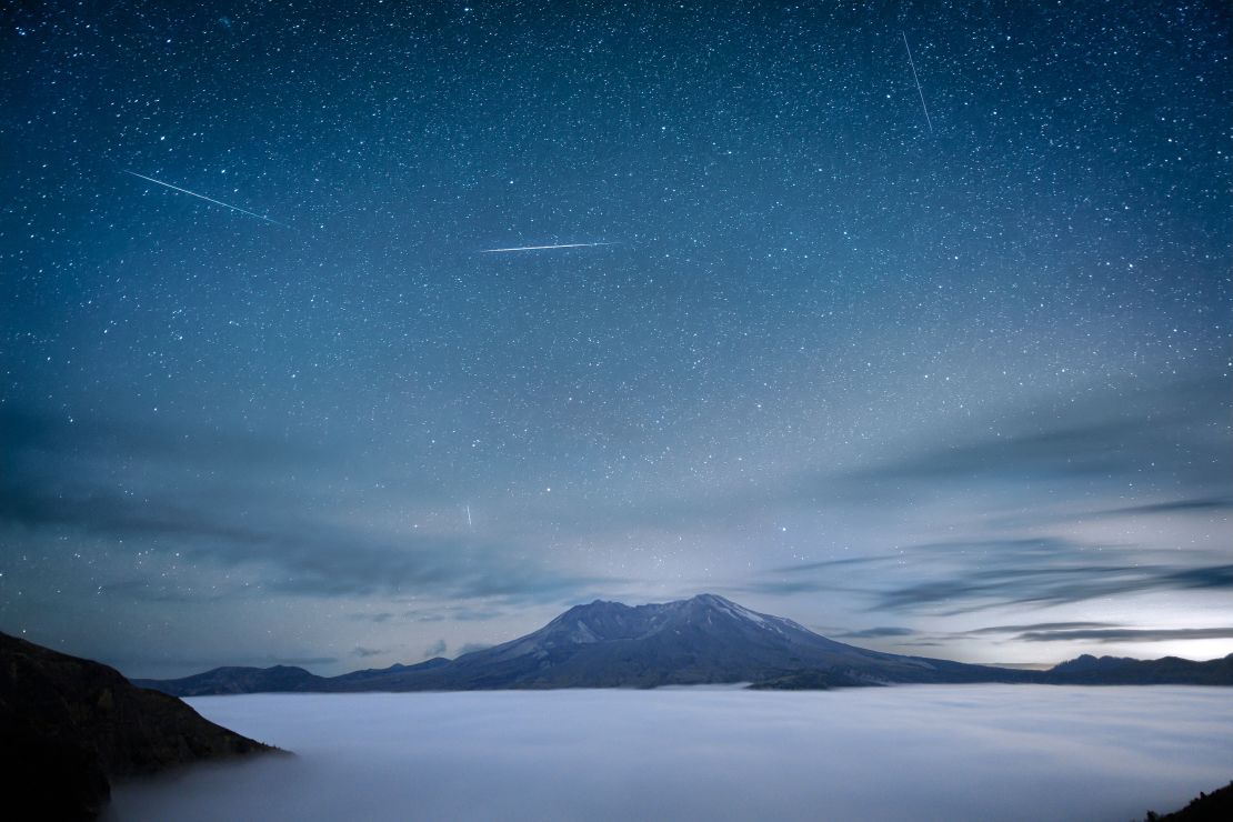 Pictured is a past Delta Aquariids meteor shower occurring around 2 a.m. over Mount St. Helens in Washington State.