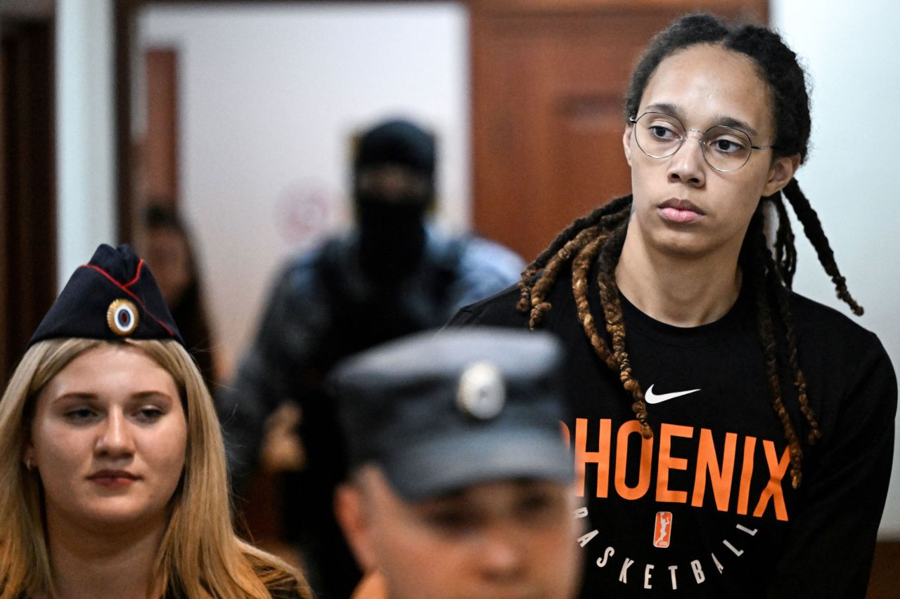 WNBA star Brittney Griner arrives to <a href="https://www.cnn.com/2022/07/27/europe/brittney-griner-testifies-russia-hearing/index.html" target="_blank">a hearing at the Khimki Court</a> outside Moscow on Wednesday, July 27. Griner has been detained in Russia since February, when authorities said they found cannabis oil in her luggage at a Moscow airport and accused her of smuggling significant amounts of a narcotic substance. The US State Department has classified her as wrongfully detained.