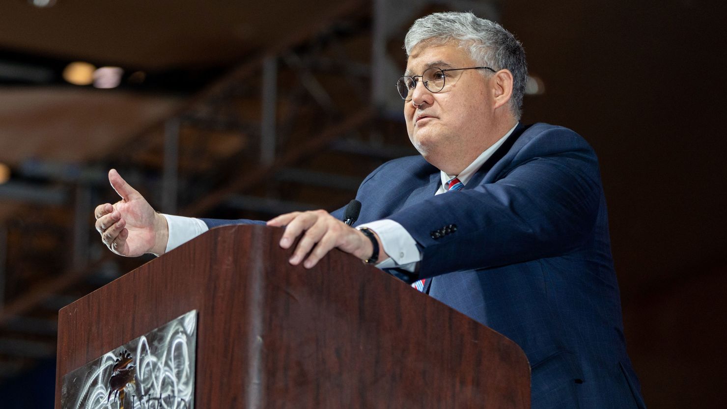 Chairman David Shafer speaks before his election at the Georgia GOP State Convention in Jekyll Island, Georgia on June 5, 2021.