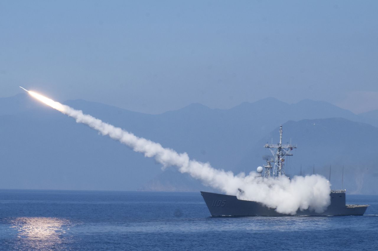 A Taiwanese frigate fires an anti-air missile as part of <a href="https://www.cnn.com/2022/07/28/asia/taiwan-military-drills-han-kuang-china-threat-intl-hnk-ml/" target="_blank">military drills</a> off the island's eastern coast on Tuesday, July 26. It was part of the annual Han Kuang exercises held across <a href="https://www.cnn.com/specials/asia/taiwan" target="_blank">Taiwan</a> and its outlying islands. This year, the drills have taken on a greater significance amid growing concerns over China's intentions toward Taiwan — a self-governing island that Beijing's ruling Communist Party claims as its own.