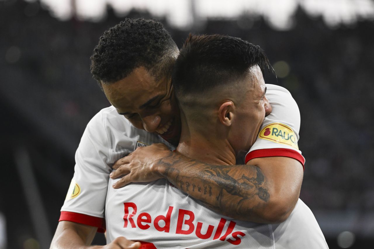 Noah Okafor and Benjamin Sesko, teammates with the Austrian soccer club Red Bull Salzburg, celebrate a goal during a preseason match against Liverpool on Wednesday, July 27.