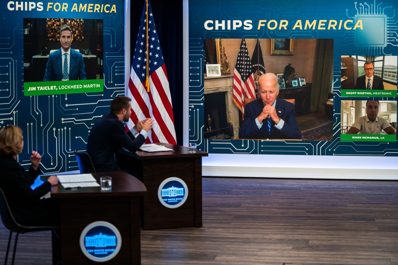 US President Joe Biden meets virtually with CEOs and labor leaders on Monday, July 25, to discuss the importance of passing a bill aimed at boosting semiconductor production in the United States. <a href="https://www.cnn.com/2022/07/28/politics/house-vote-chips-bill-semiconductor/index.html" target="_blank">The House passed the bill on Thursday,</a> a day after the Senate.