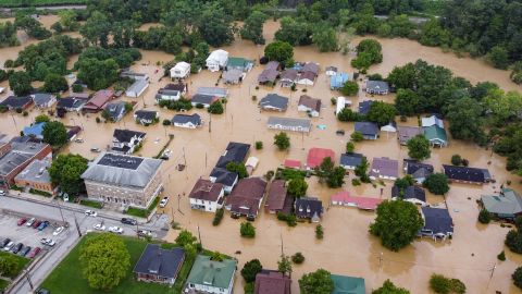Aerial view of homes submerged under flood waters in Jackson, Kentucky.