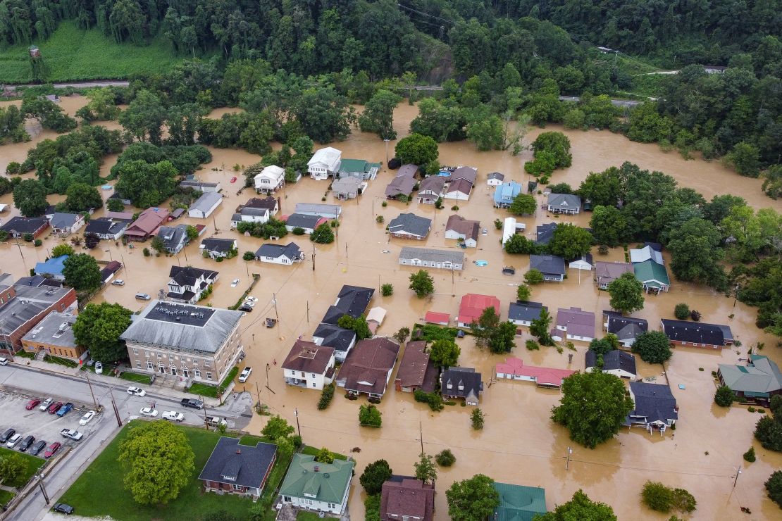 Aerial view of homes submerged under flood waters in Jackson, Kentucky.