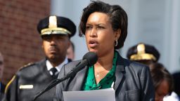Washington, DC Mayor Muriel Bowser (R) and Washington Metropolitan Police Chief Robert Contee III speak at a press conference on the recent shootings of homeless individuals in Washington, DC and New York City on March 15, 2022 in Washington, DC.