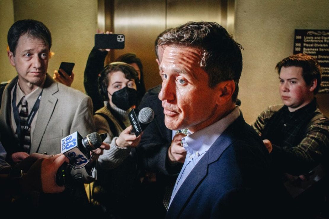 Greitens addresses the media after filing to run in the Missouri GOP Senate primary on February 22, 2022, in  Jefferson City.
