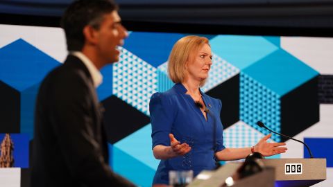     Rishi Sunak and Liz Truss attend the BBC Leadership Debate at Victoria Hall on July 25, 2022 in Hanley, England. 