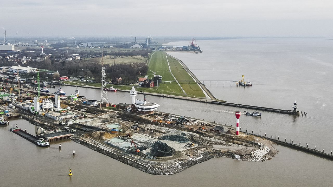 Construction work on the lock island in Brunsbuettel, northern Germany, in early March. The port on the North Sea could be a site for a new LNG terminal.