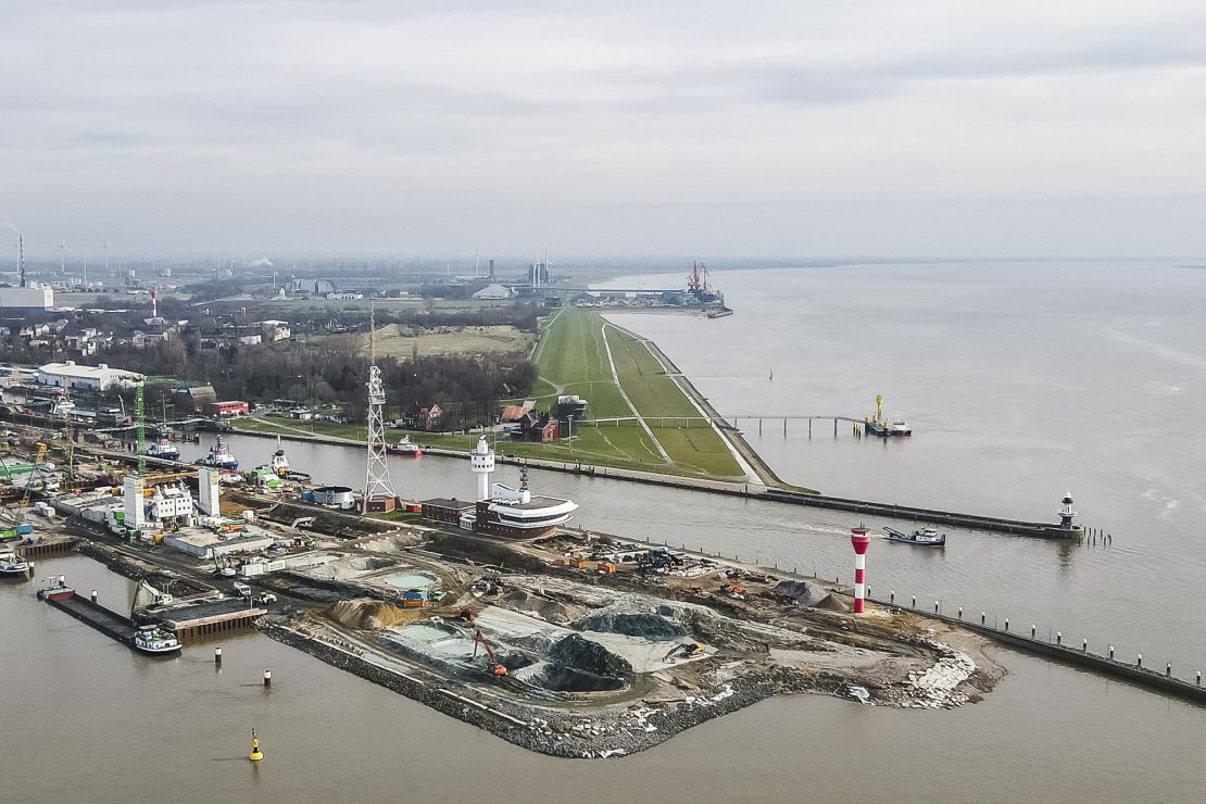 Construction work on the lock island in Brunsbuettel, northern Germany, in early March. The port on the North Sea could be a site for a new LNG terminal.