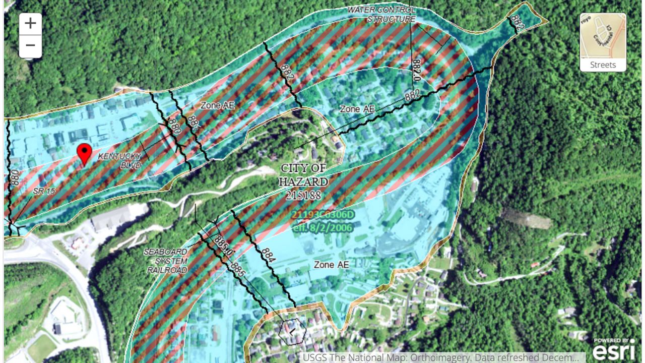 An example of the FEMA flood map for Hazard, Kentucky. Areas colored over with stripes, turquoise or orange are at risk of flooding.