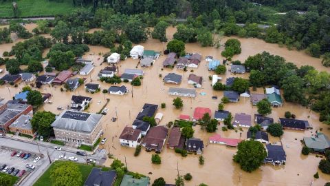 Homes submerged in flood water from the North Fork of the Kentucky River in Jackson, Kentucky.
