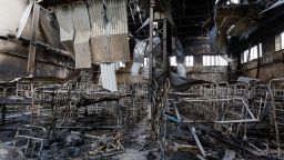 The inside of a pre-trial detention center in the separatist-controlled settlement of Olenivka in eastern Ukraine's Donetsk region is seen on Friday after a purported strike.