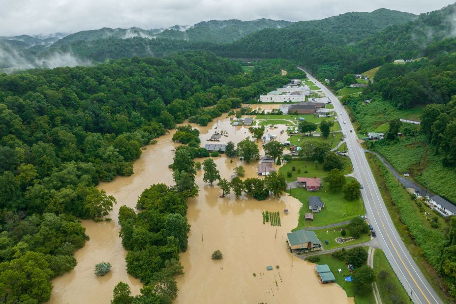 Homes and structures are flooded near Quicksand, Kentucky, on Thursday.