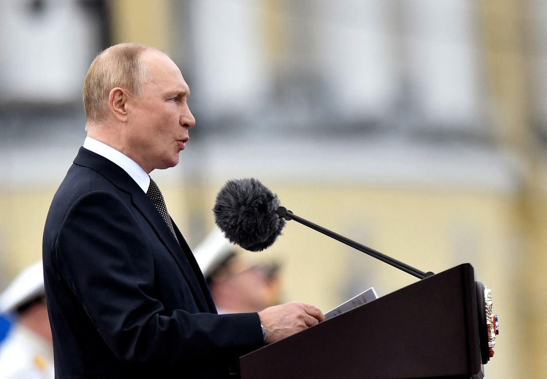 Russian President Vladimir Putin delivers a speech marking Navy Day, in St. Petersburg on July 31, 2022.