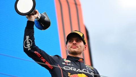 Race winner Max Verstappen of the Netherlands and Oracle Red Bull Racing celebrates on the podium during the F1 Grand Prix of Hungary at Hungaroring on July 31, 2022 in Budapest, Hungary.