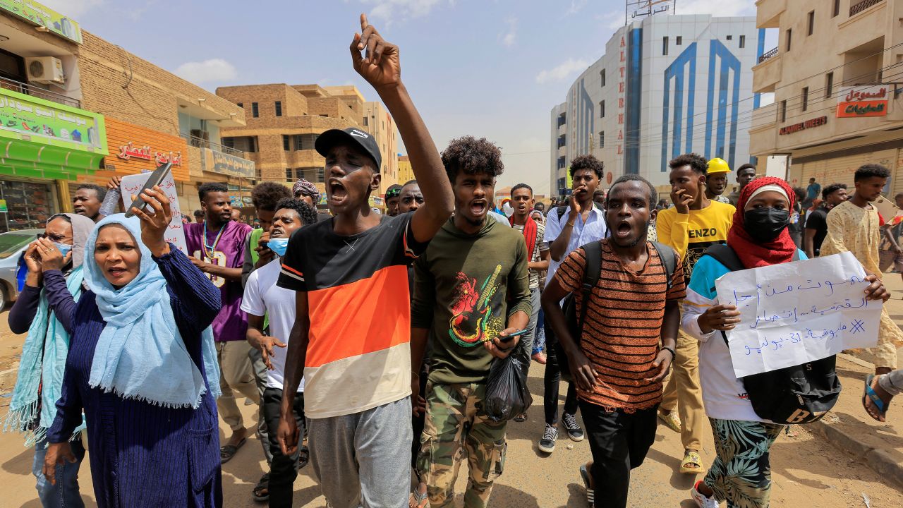 Protesters march during a rally against military rule following the last coup, in Khartoum, Sudan, on July 31, 2022.