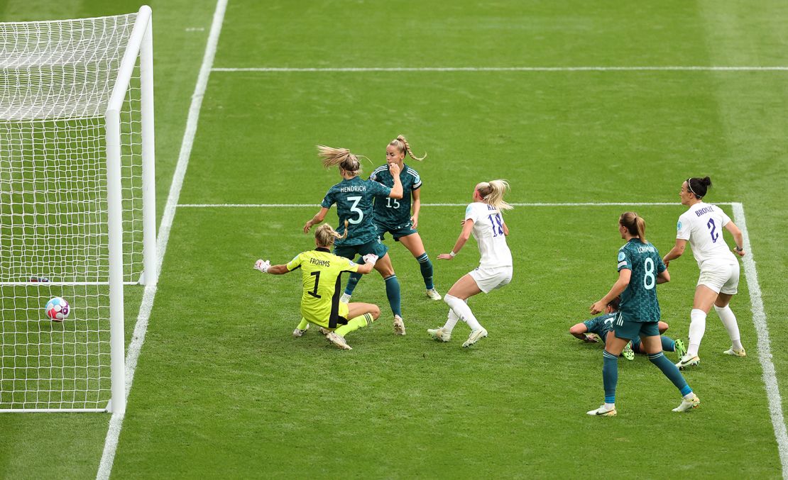 Kelly scoring England's Euro-winning goal in the final against Germany at Wembley Stadium on July 31.