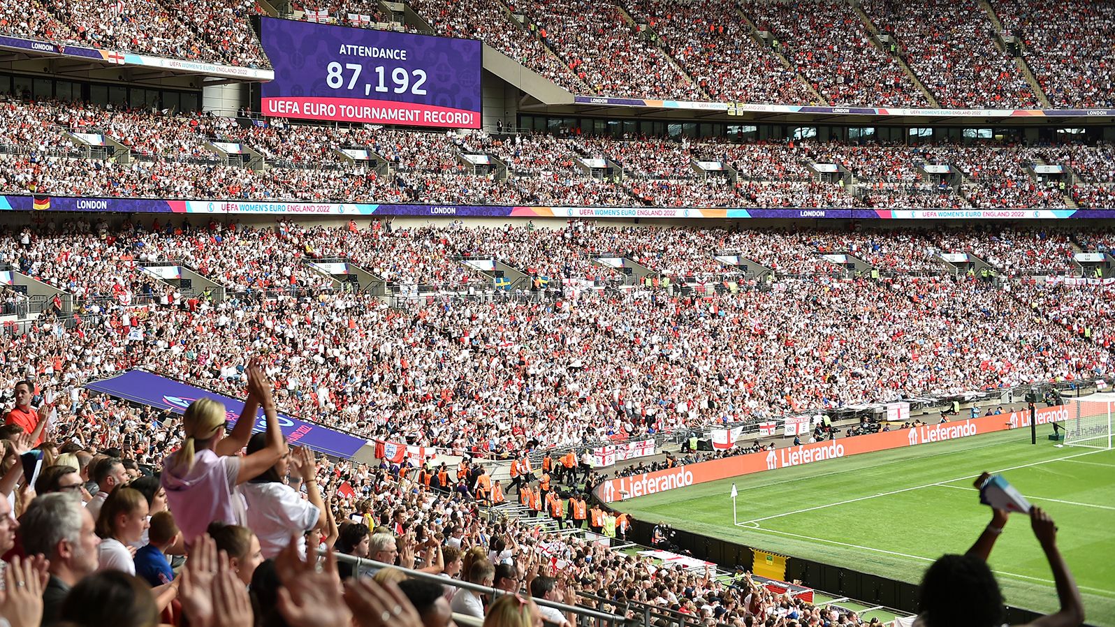 A screen shows the attendance of the Women's Euro 2022 final match: a record crowd of 87,192 for a European Championship final -- men's or women's. 