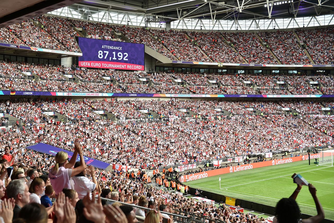 A screen shows the attendance of the Women's Euro 2022 final match: a record crowd of 87,192 for a European Championship final -- men's or women's. 