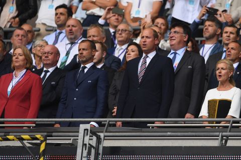 UEFA President Aleksander Ceferin and Prince William, Duke of Cambridge, stand during the national anthems prior to kick off of the final match.