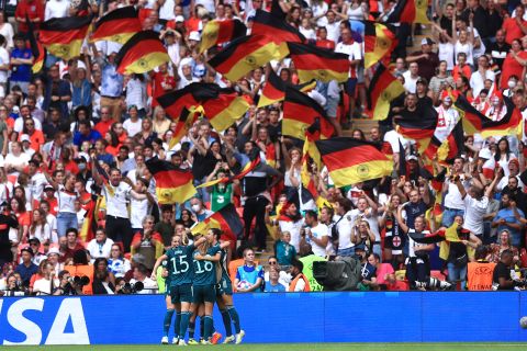 Germany's players celebrate their equalizing goal, scored by Lina Magull.