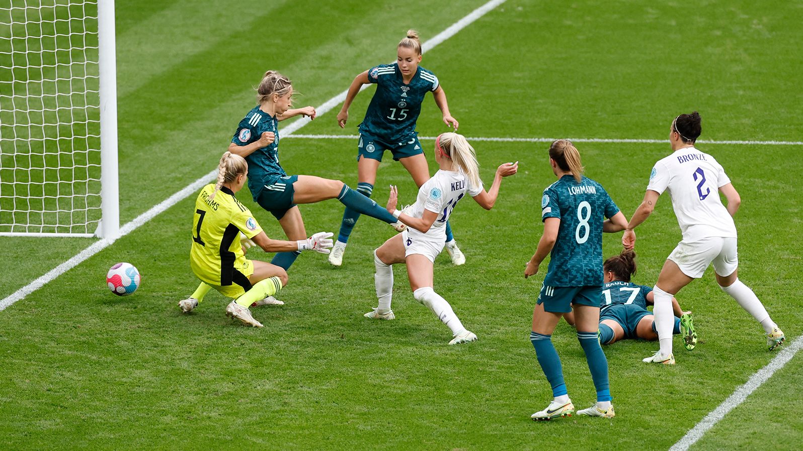 England's Chloe Kelly scores England's Euro-winning goal in the final against Germany.