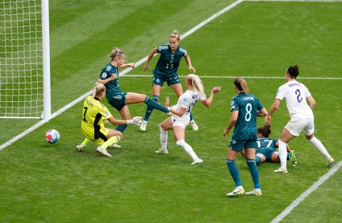 England's Chloe Kelly scores England's Euro-winning goal in the final against Germany.