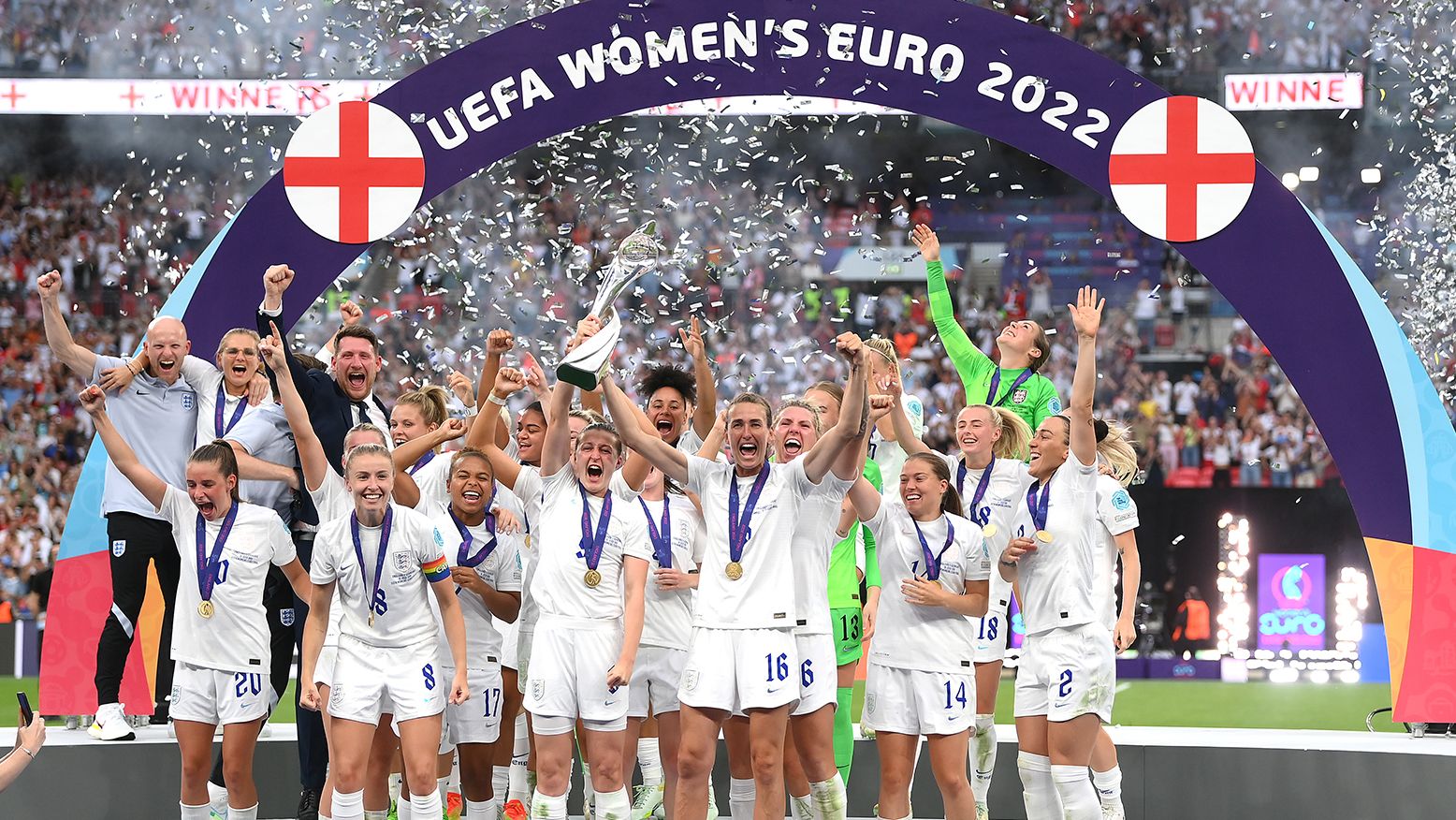 England celebrates their victory during the UEFA Women's Euro 2022 final match between England and Germany at Wembley Stadium on Sunday, July 31.