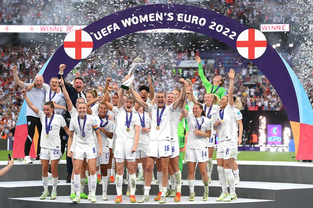 England celebrates their victory during the UEFA Women's Euro 2022 final match between England and Germany at Wembley Stadium on Sunday, July 31.