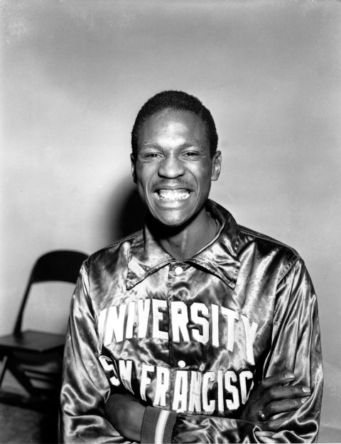 Russell poses in San Francisco in 1955. The six-foot-nine center was known for his defense and skill in blocking shots.