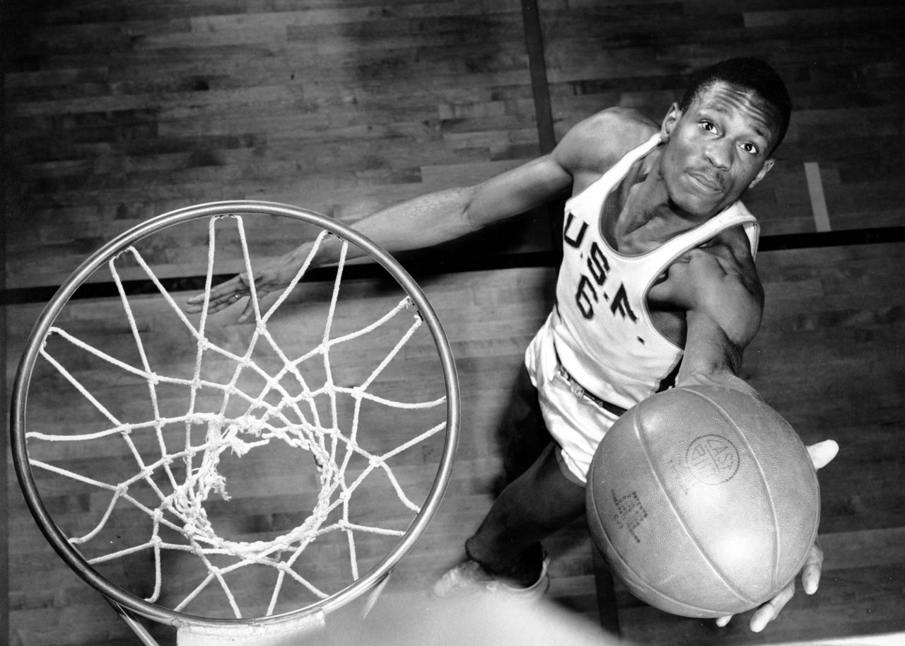 Russell shoots hoops in February 1956.