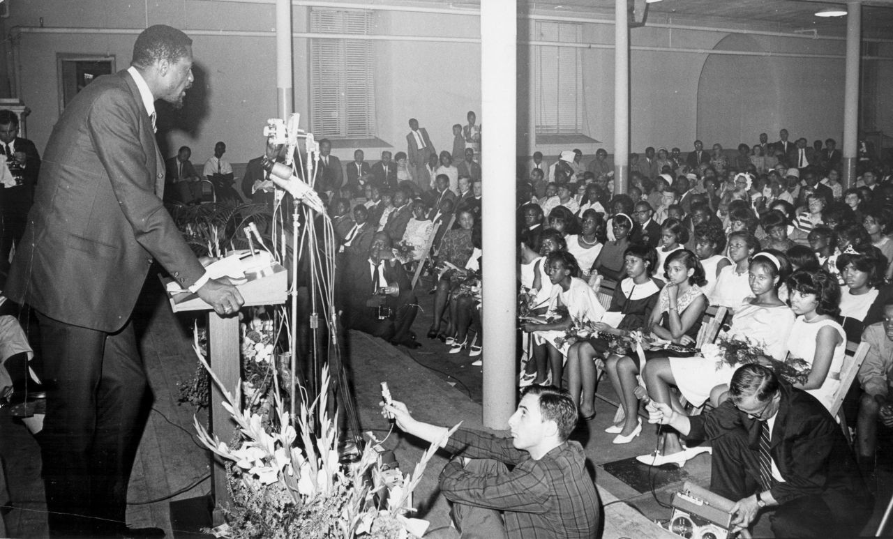 Russell speaks about segregation during the Freedom Graduation at Patrick T. Campbell Jr. High School in Boston, Massachusetts, in June 1966. Russell was an outspoken supporter of civil rights.