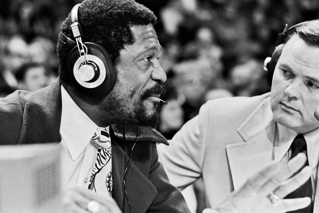 Russell and Keith Jackson call an NBA game in Milwaukee, Wisconsin, in 1972. Russell briefly Served as a commentator for televised basketball games in between his coaching jobs.