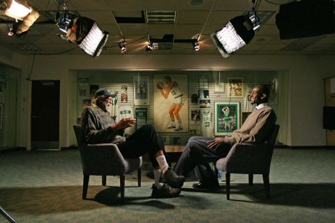 Russell, left, speaks with Kevin Garnett of the Boston Celtics in Waltham, Massachusetts, on March 6, 2008. 