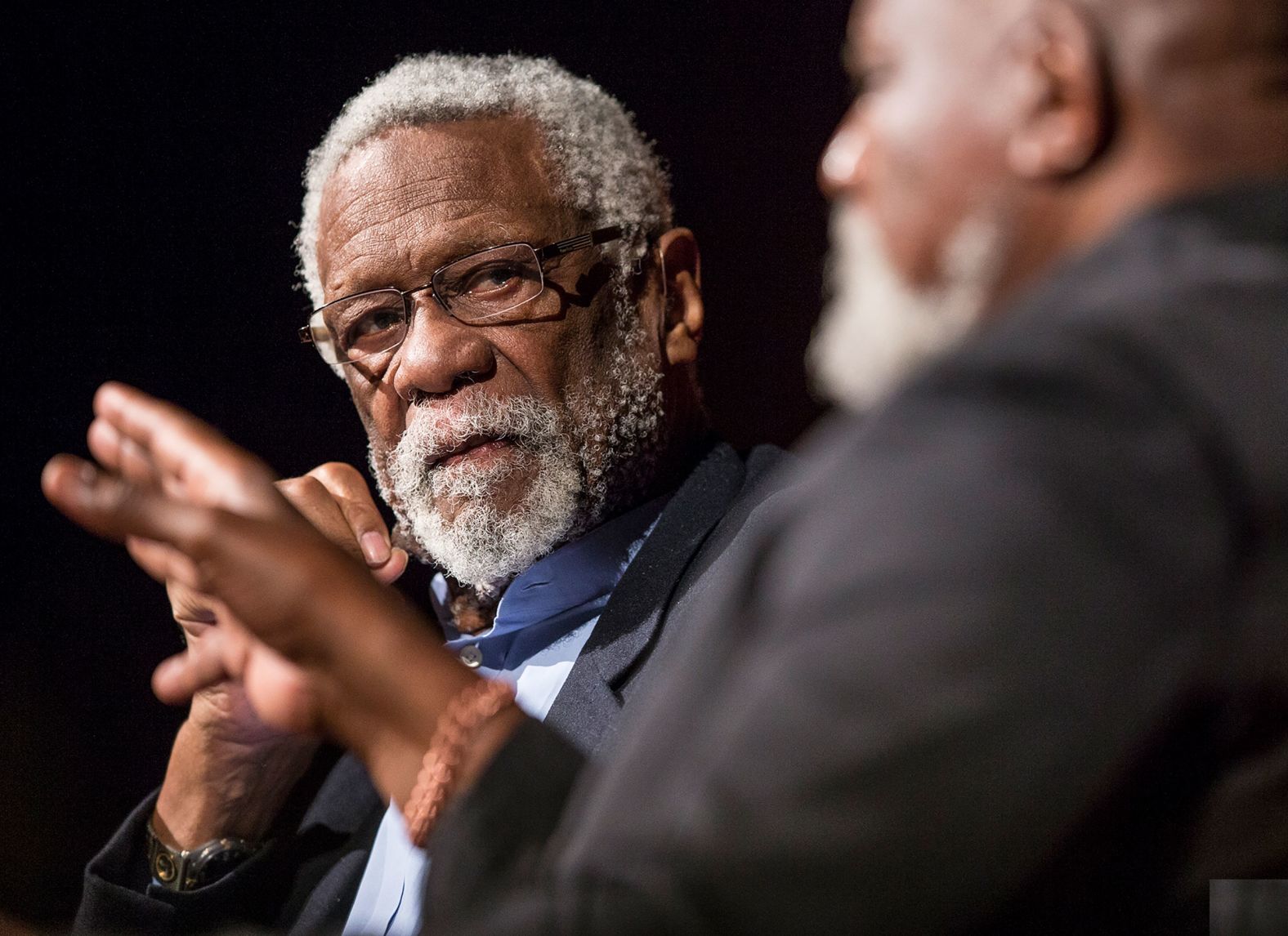 Russell is interviewed by Dr. Harry Edwards during the Civil Rights Summit in Austin, Texas, in 2014.