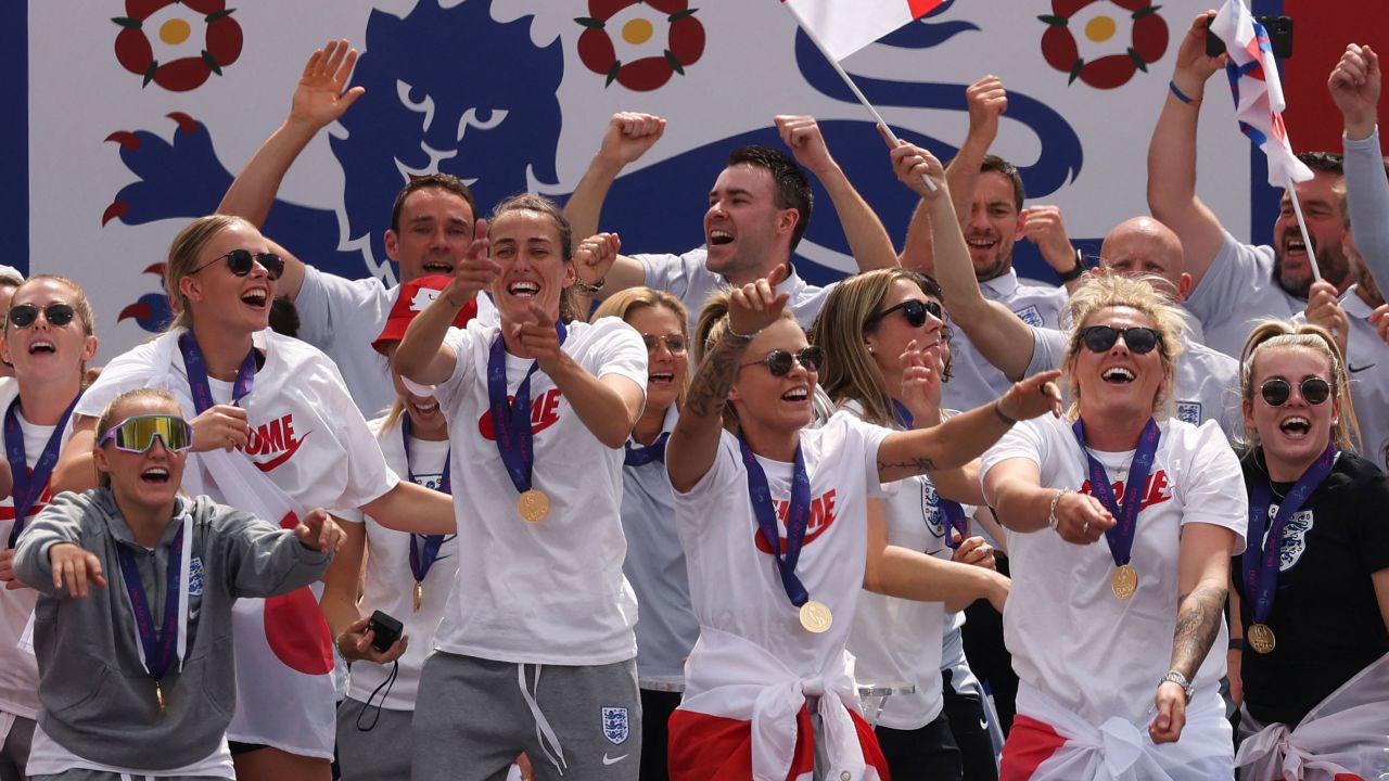 England's players celebrate during a victory party in Trafalgar Square after winning the Women's Euro 2022.