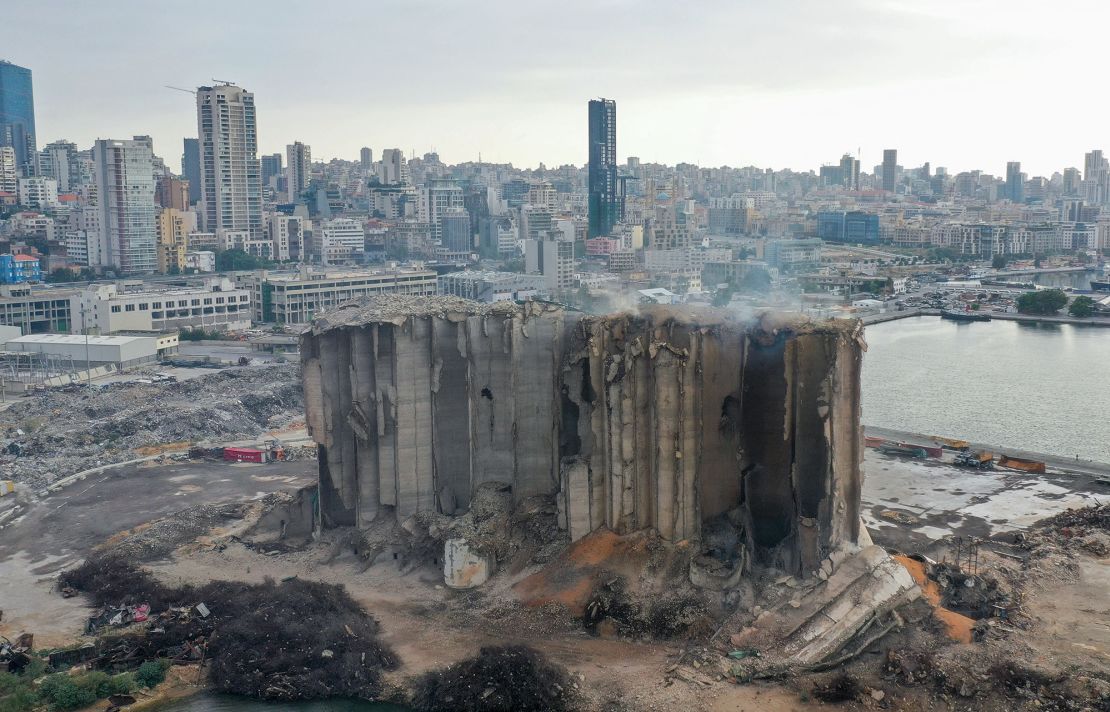 An aerial picture shows the heavily damaged grain silos at the port of the Lebanese capital Beirut, on July 31.