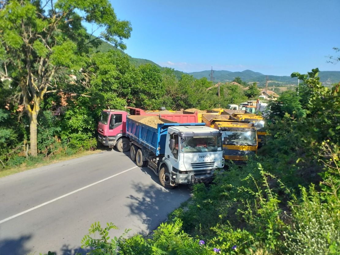 Trucks are seen blocking the road near the Jarinje Border Crossing in Mitrovica, Kosovo on August 1.