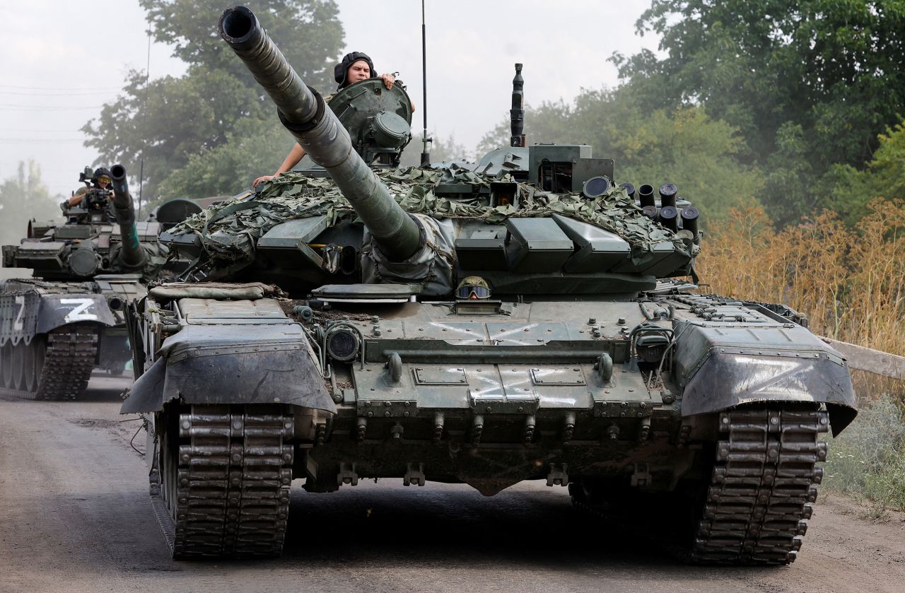 Russian tanks near the settlement of Olenivka in the Donetsk region, Ukraine, on July 29.