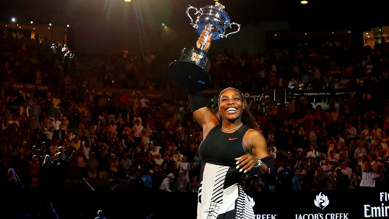 Serena Williams waves to the crowd after winning the Australian Open in 2017. It was her 23rd grand slam singles title, breaking the record for the most titles by a woman in the Open era of professional tennis.