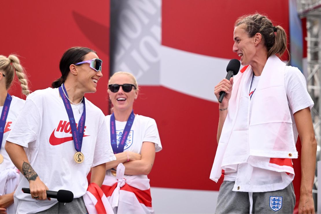 Scott and Bronze speak during the England women's team celebration at Trafalgar Square.