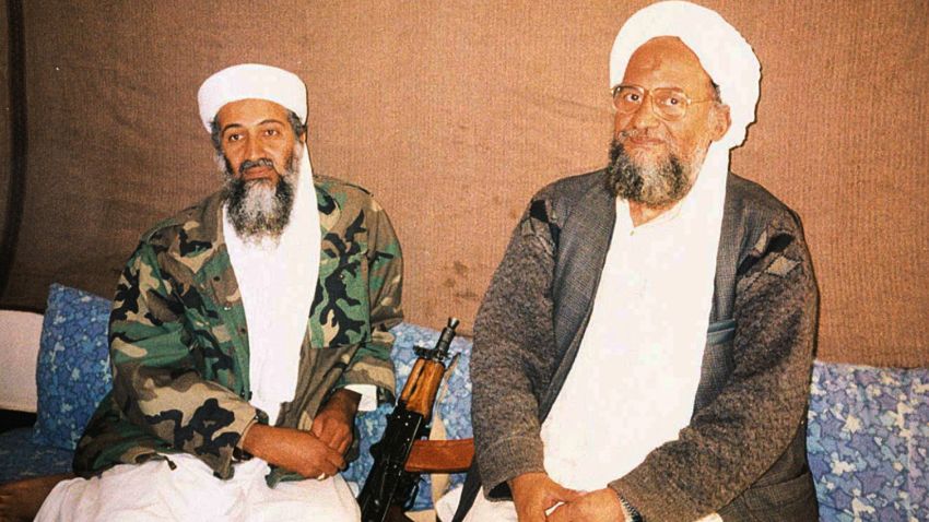FILE PHOTO: Osama bin Laden sits with his adviser Ayman al-Zawahiri, an Egyptian linked to the al Qaeda network, during an interview with Pakistani journalist Hamid Mir (not pictured) in an image supplied by Dawn newspaper November 10, 2001.  Hamid Mir/Editor/Ausaf Newspaper for Daily Dawn/Handout via REUTERS/File Photo  THIS IMAGE HAS BEEN SUPPLIED BY A THIRD PARTY.