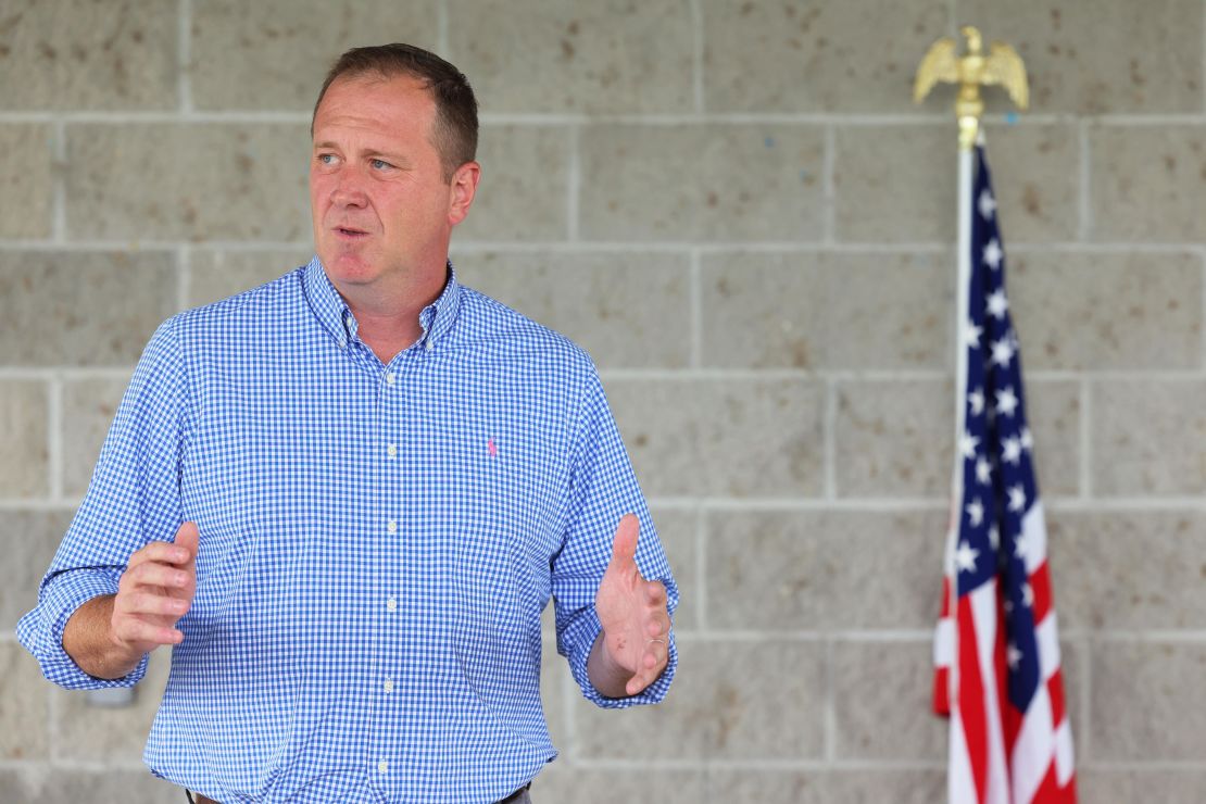 Missouri Attorney General and Republican Senate candidate Eric Schmitt speaks to supporters in Hall Pavilion at Englar Park on July 31, 2022 in Farmington, Missouri.